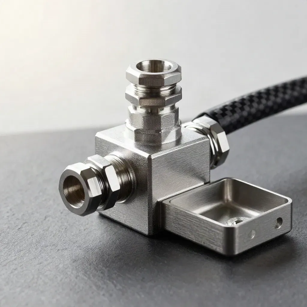 Top-down macro of aluminium valve housings and hex couplers on brushed steel.