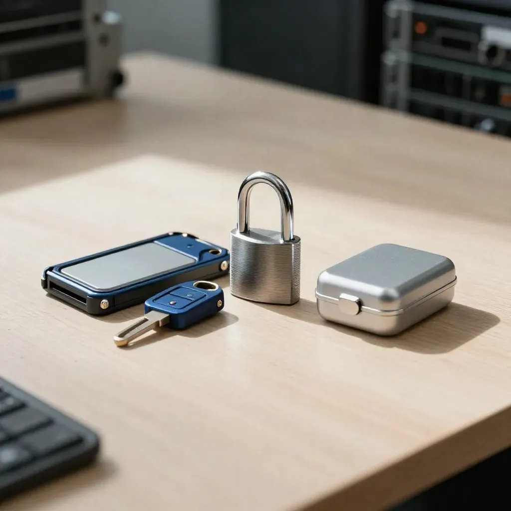 Locked security key, steel padlock and drive cartridge on pale wood with soft daylight.