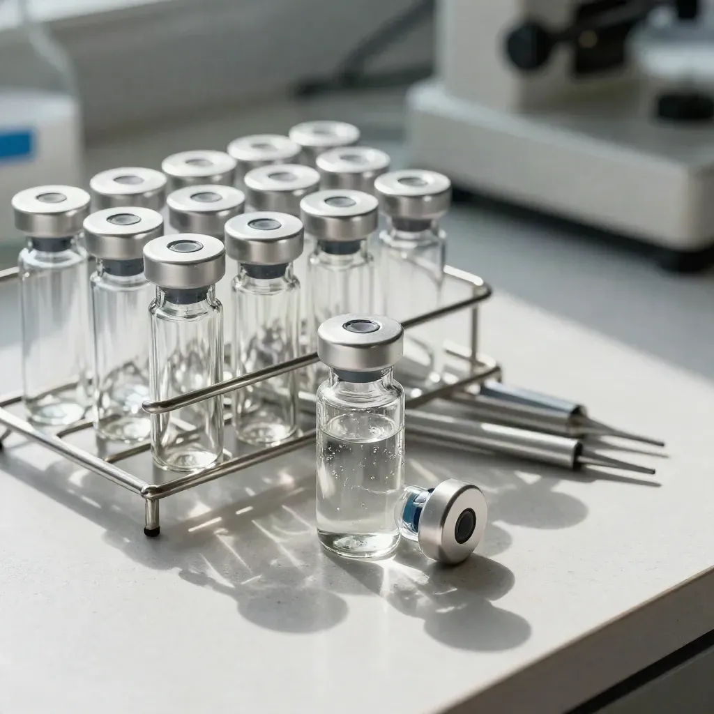 Glass sample vials in a stainless rack with pipette tips on pale stone, one vial freshly capped.