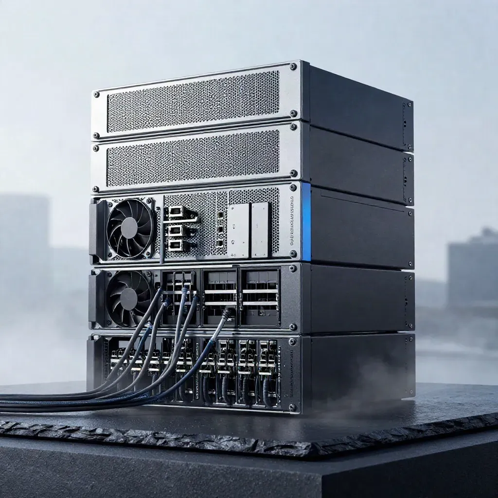 Rackmount servers, SSD caddies and cables on a slate plinth in dramatic studio light.