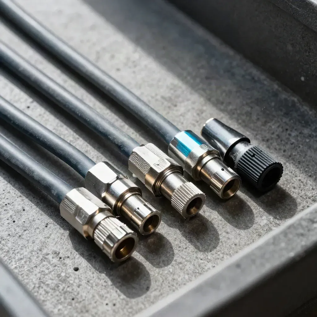 Fibre patch leads, connector shells and dust caps on dark concrete, raked by light