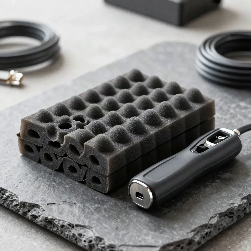 Anti-static drive sleeves, foam inserts and a cable tester on basalt stone in a premium macro still life.