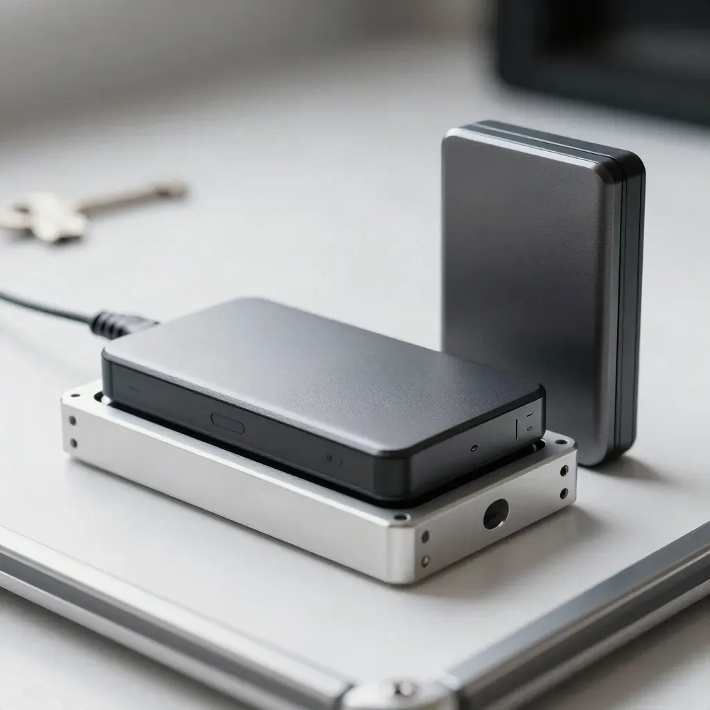 Backup SSDs and dock blocks on brushed metal, lit dramatically with soft bokeh