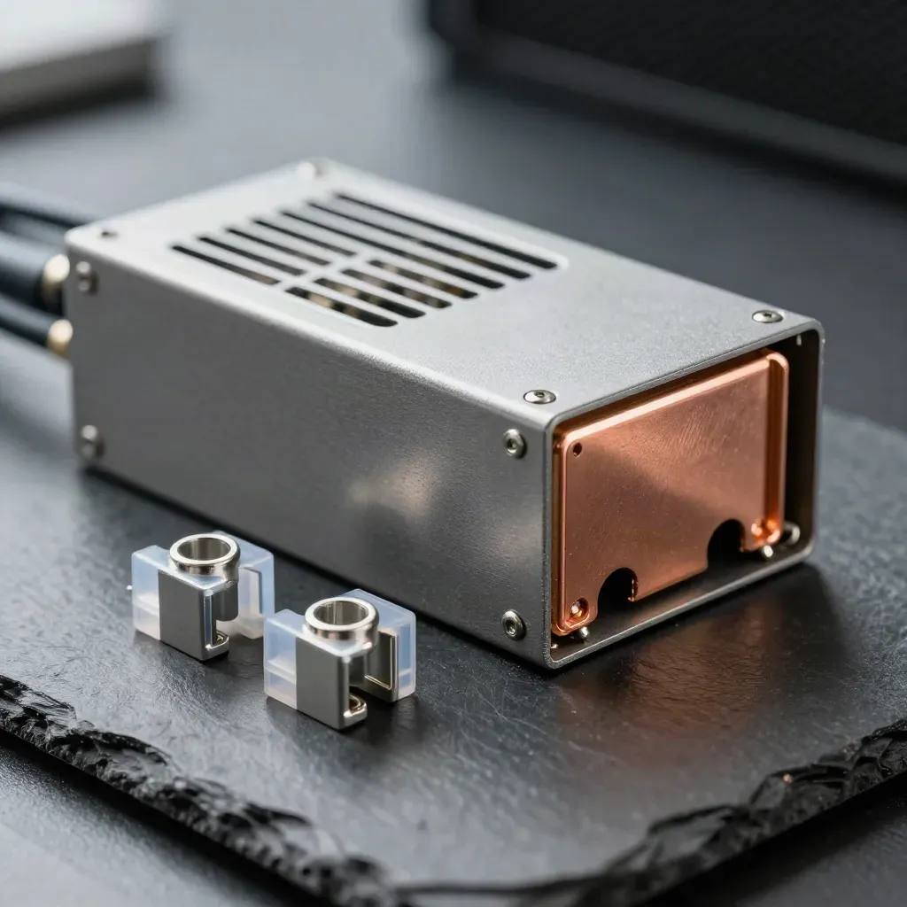 Extreme macro of a server PSU, copper bus bar, and two cable ferrules on a slate surface.
