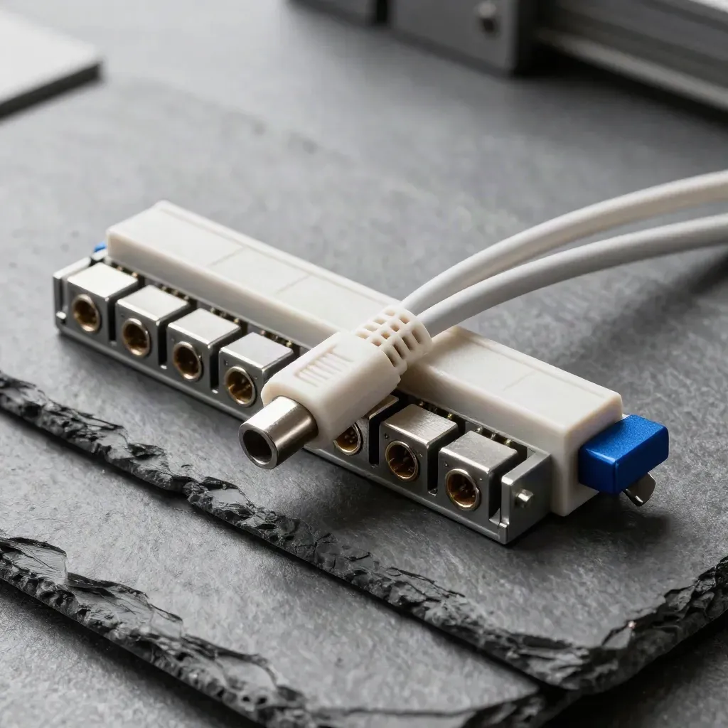 Top-down macro of connector blocks, relay strip and patch cables on graphite stone.