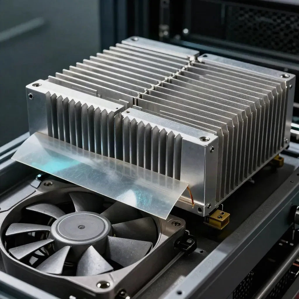 Heatsink, lifted fan module and thermal pad on a server maintenance tray.