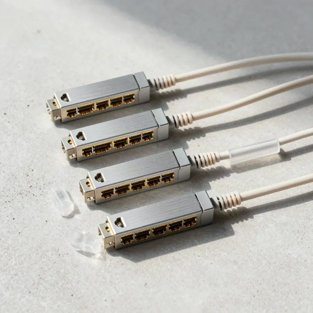 Four SFP modules with fibre caps and a coiled patch lead on pale concrete