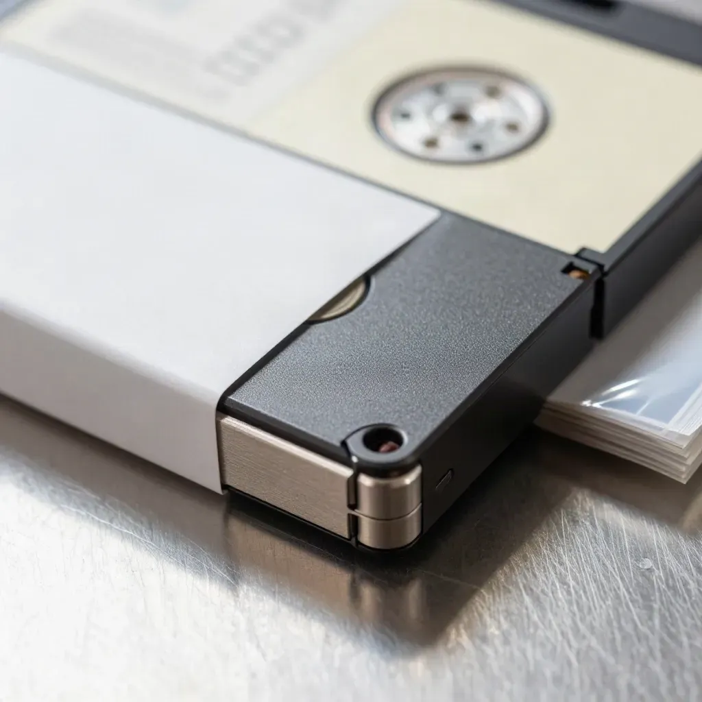 LTO tape cartridge half out of its sleeve beside a drive caddy and anti-static sleeves