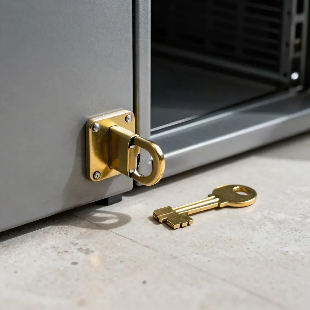 Server latch, brass key blank and tamper seal on pale stone, lit dramatically.