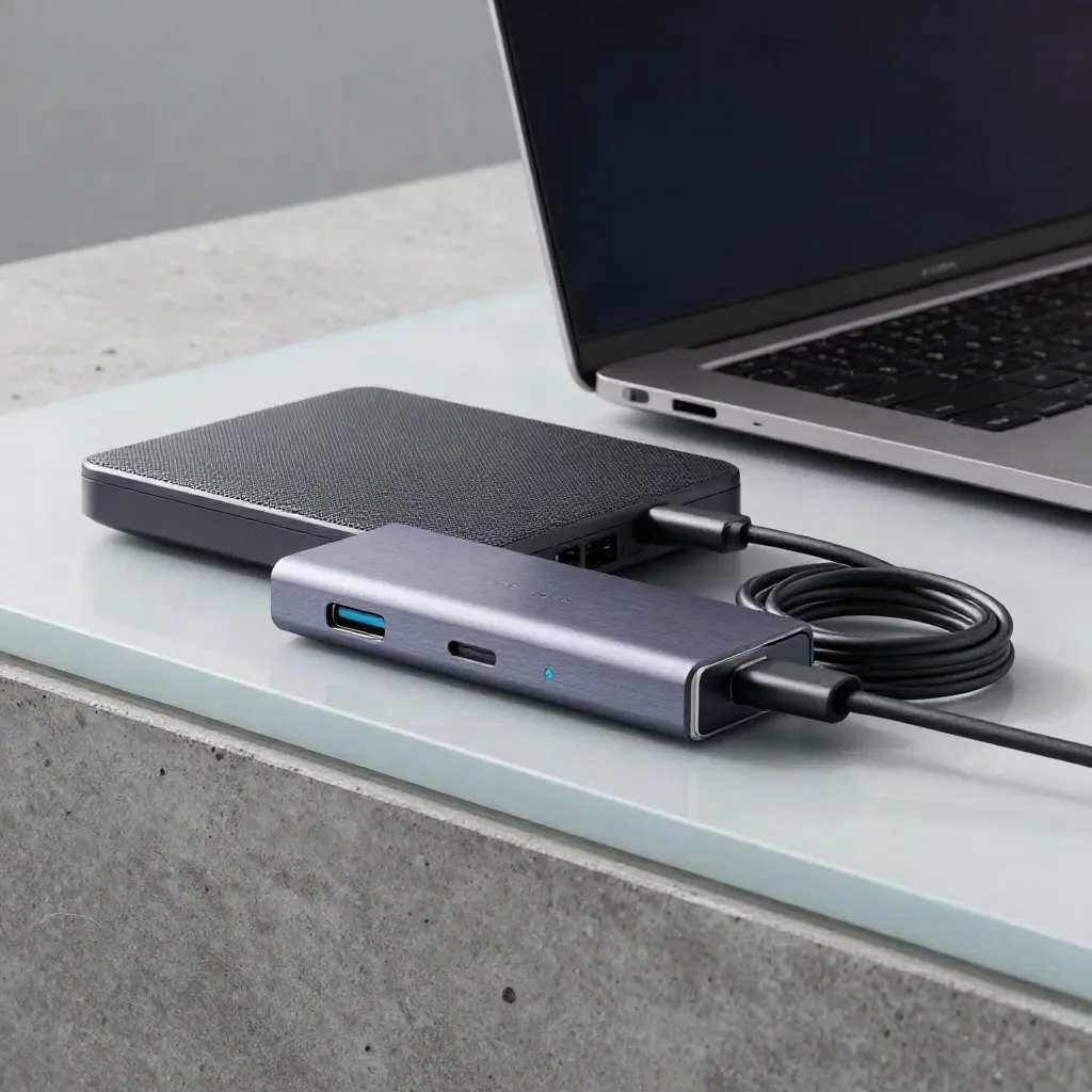 Closed ultrabook, mesh router, USB-C dock and coiled cable behind frosted glass.