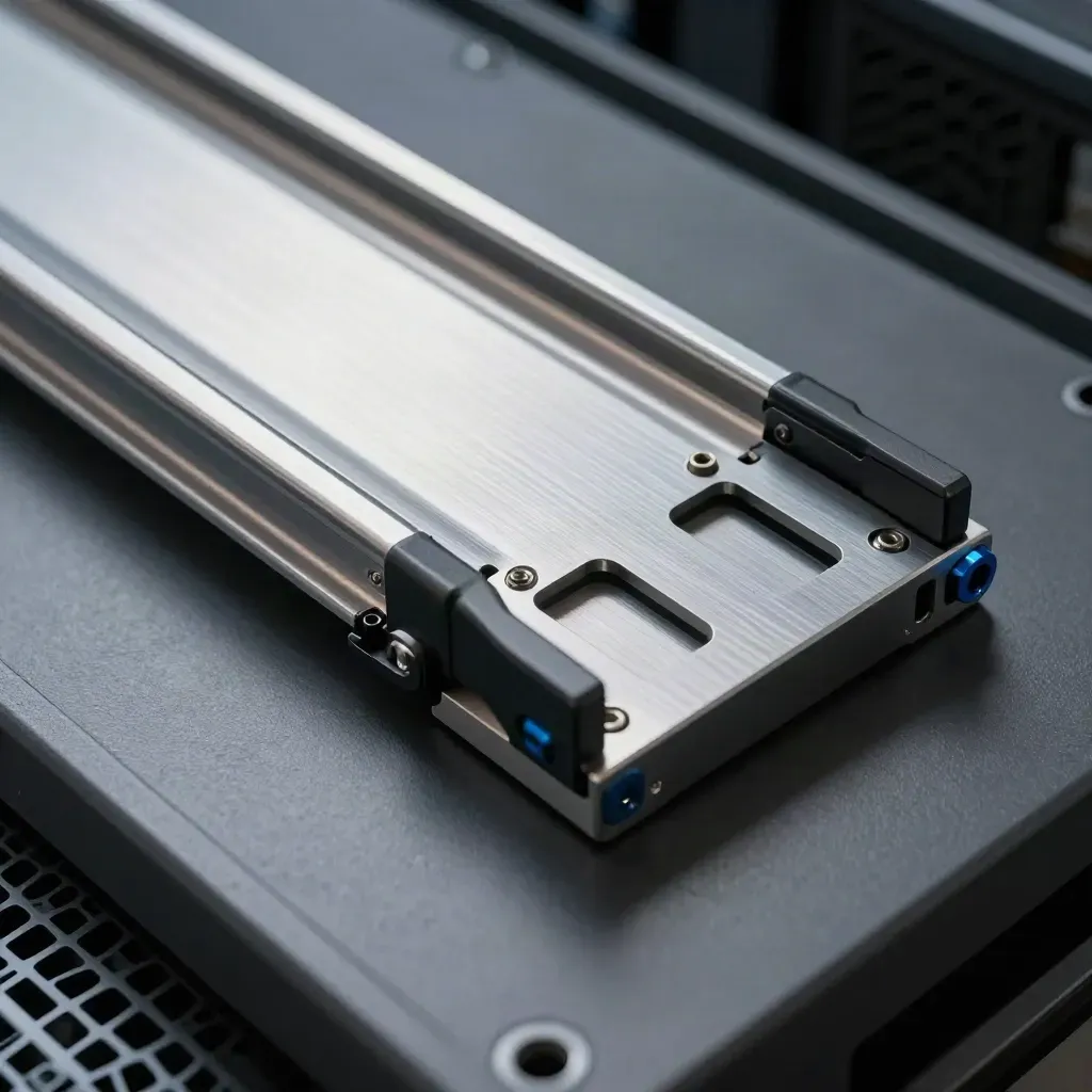 Overhead macro of server rails, cable arms, and blanking panels on graphite.