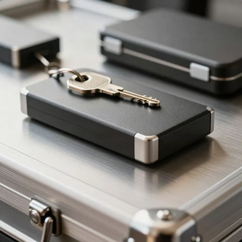 Encrypted drive caddies, key ring, and migration case on brushed steel in dramatic studio light.