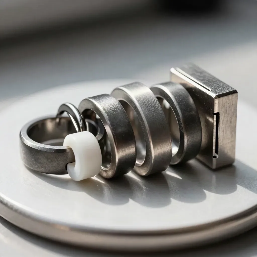 Machined rings, metal clips, and modular blocks on brushed steel in dramatic light.