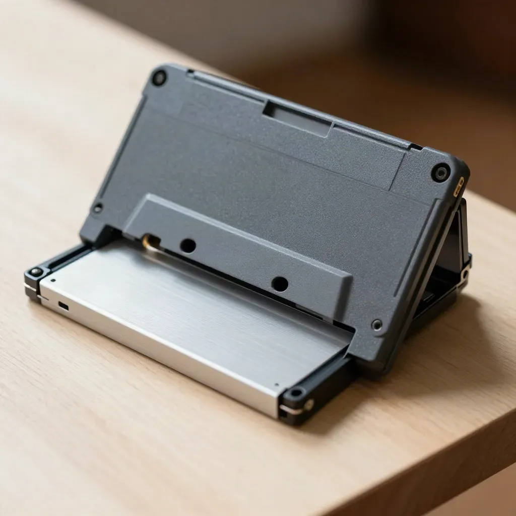 Backup tape cartridge half withdrawn from a protective case with drive sled on pale wood.