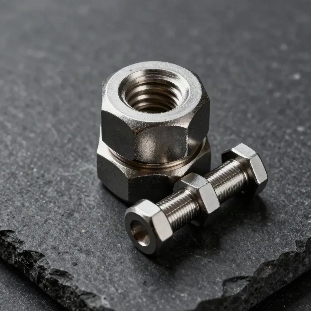 Top-down close-up of machined connectors, a hex nut, and alignment pins on dark stone.