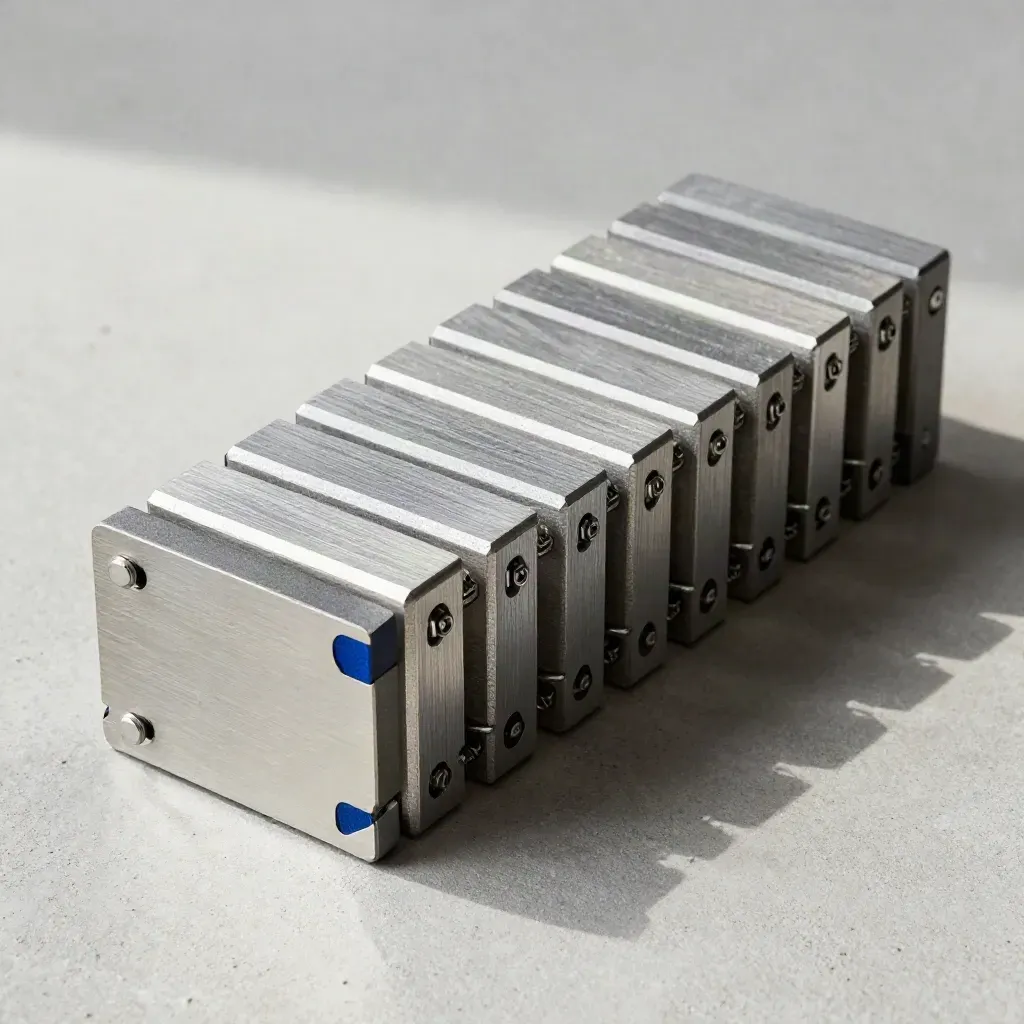 Modular blocks and spring clips on pale concrete under soft daylight, with a deep blue accent.