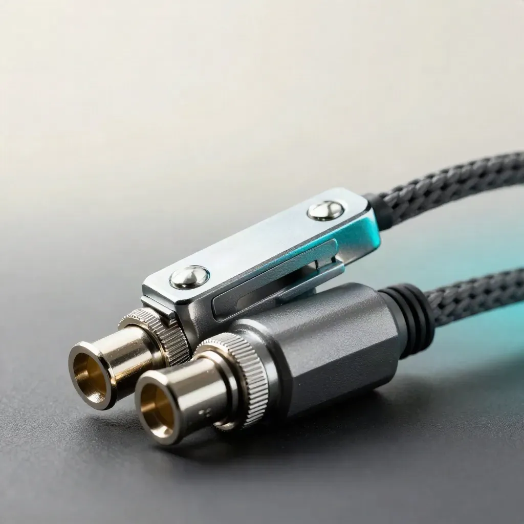 Fastened connector hub with braided cables on graphite metal, cyan accent, macro close-up.